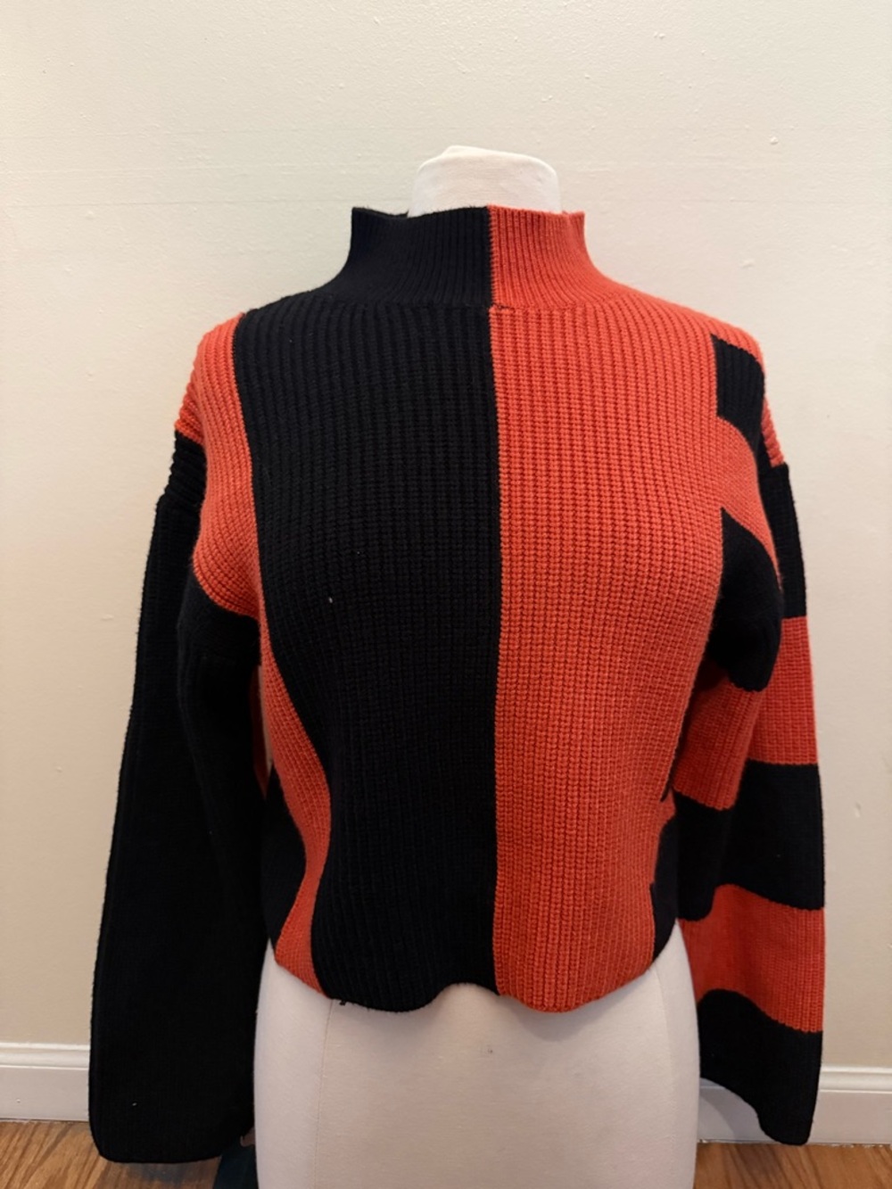 Colorblock Mock Neck Knit Sweater - Black & Orange